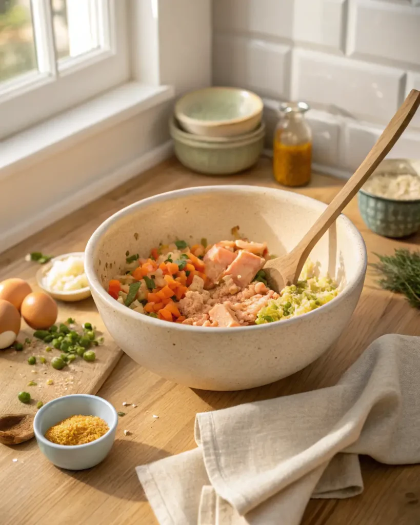 Salmon, chopped vegetables, and breadcrumbs in a mixing bowl with a wooden spoon.