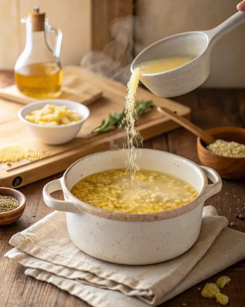 Tiny pastina pasta being poured into a simmering pot of broth on a rustic table.