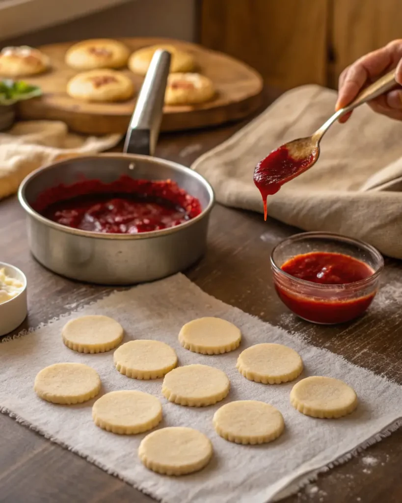 A hand drizzles strawberry glaze over cookie bases laid out on parchment paper.