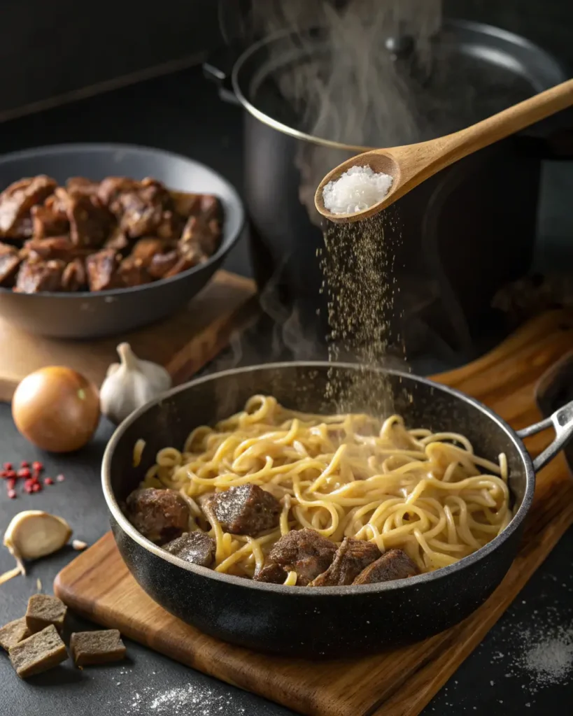 Alt Text:
Steaming skillet of beef and noodles being seasoned with salt from a wooden spoon.