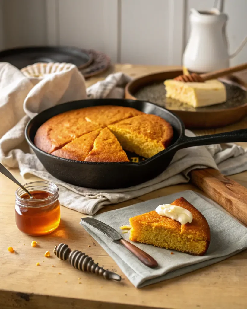 Sweet Potato Cornbread Recipe You’ll Crave All Year Long Let’s Talk About It: A slice of sweet potato cornbread served warm with honey and whipped butter on a napkin.