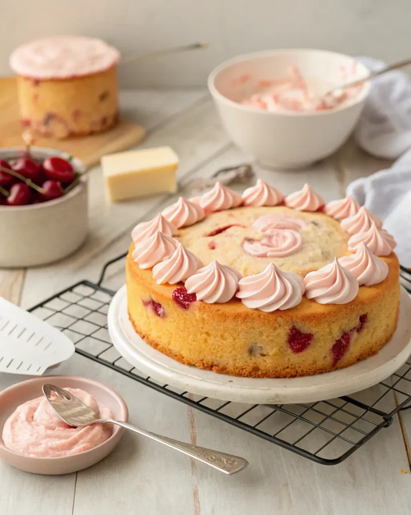 Freshly baked cherry chip cake topped with pink buttercream swirls on a cooling rack.