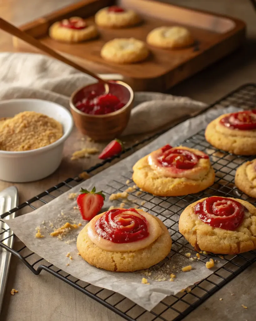Strawberry Cheesecake Cookies Recipe
Fresh from the oven, these strawberry cheesecake cookies feature a glossy jam swirl and are cooling to perfection on a wire rack.