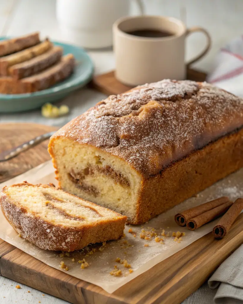 Freshly sliced cinnamon donut bread with a visible swirl and sugar-dusted top