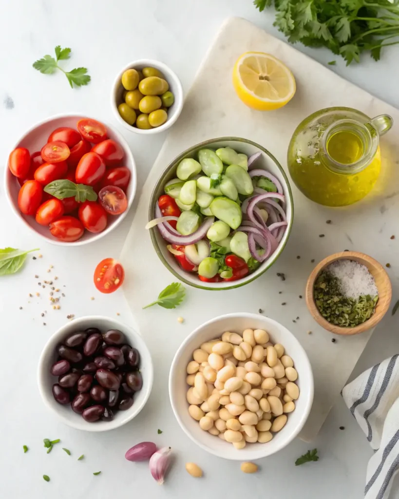 Fresh Mediterranean salad ingredients including beans, tomatoes, cucumbers, olives, and olive oil on a board.