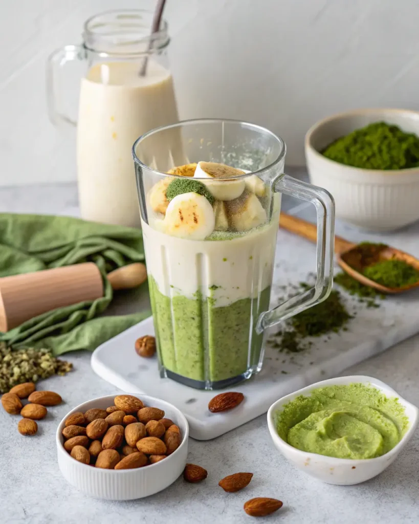 Layered banana matcha smoothie in blender with almonds and matcha powder