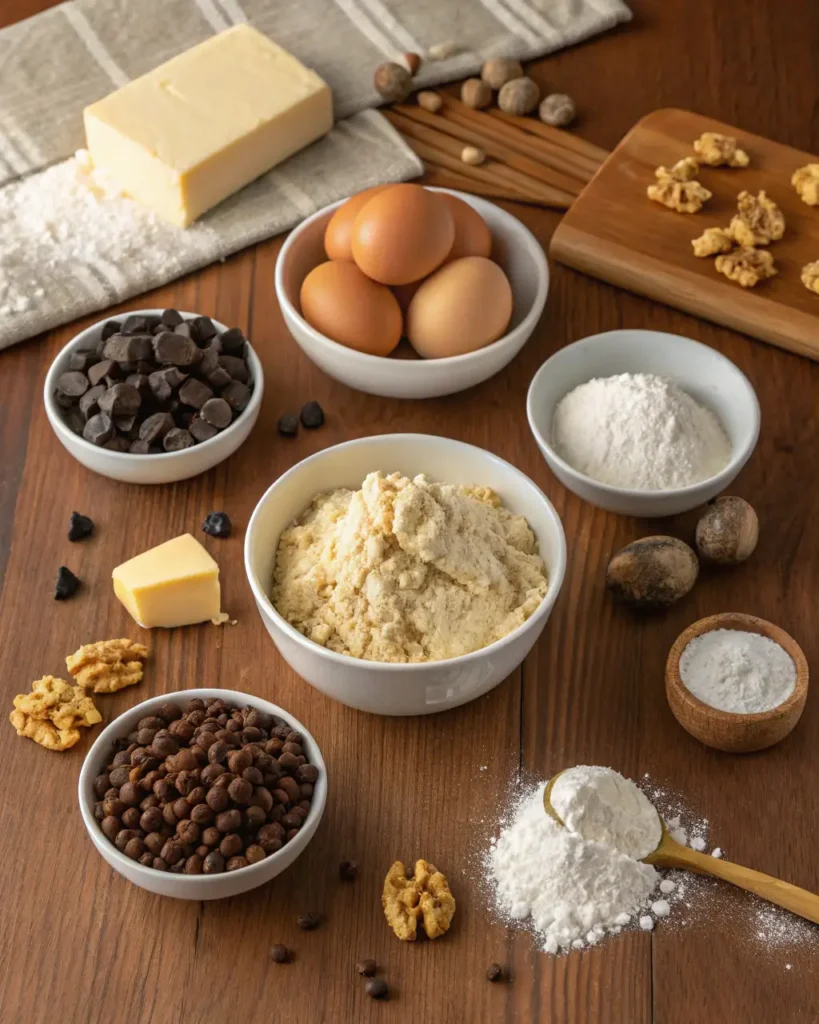 Bowls of key chocolate chip cookie ingredients including eggs, butter, flour, and chocolate chips on wooden table