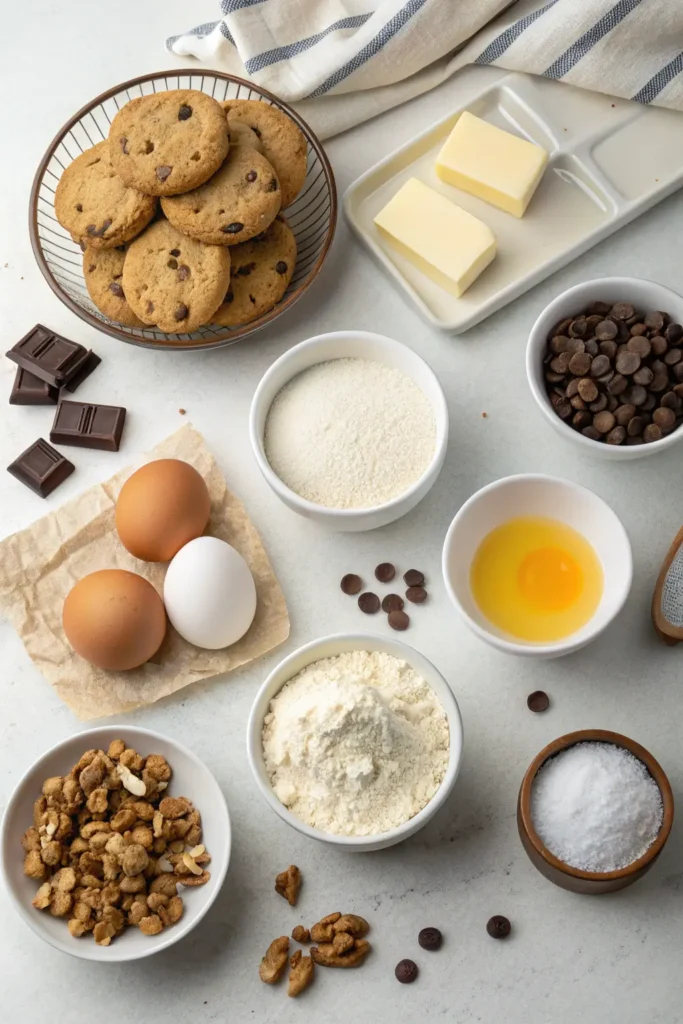 Soft batch chocolate chip cookie dough and ingredients on wooden table for baking