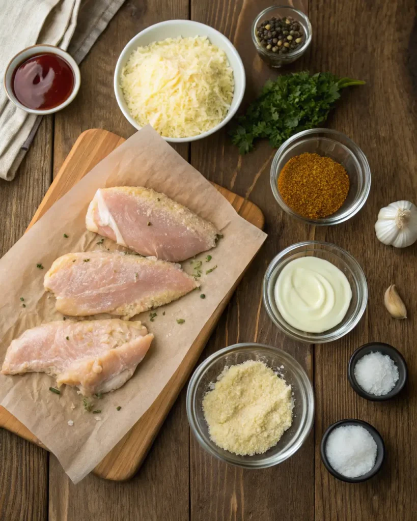 Raw chicken breasts and ingredients like cheese, seasonings, and sauces arranged neatly on a wooden surface.