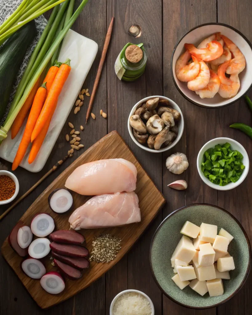 Fresh hibachi ingredients including chicken, shrimp, tofu, and vegetables laid out on a table.