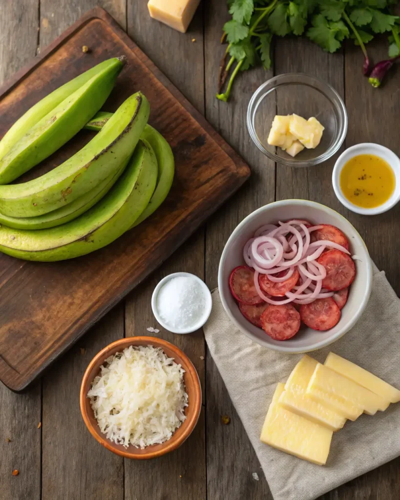 Ingredients for mangu con los tres golpes: green plantains, salami, onions, cheese, butter, oil, and salt.