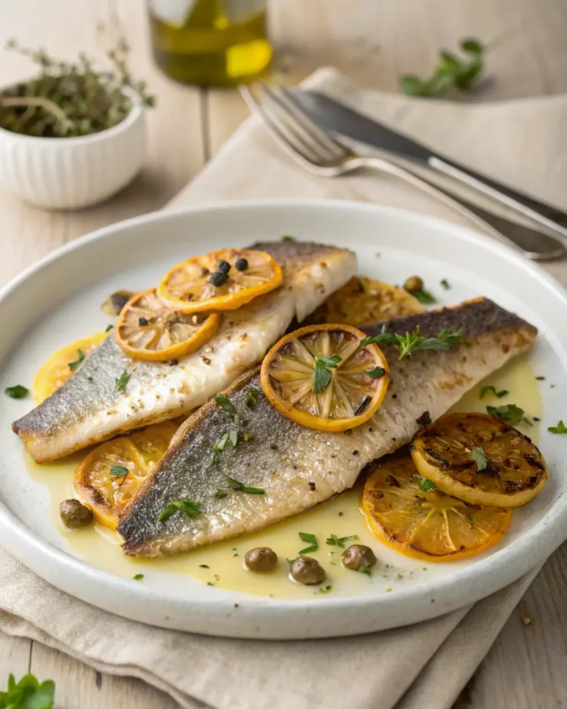 Cooked branzino fillets topped with seared lemon slices, capers, and herbs on a white plate.
