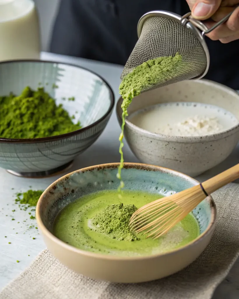 Sifting ceremonial grade matcha powder into bowl with hot water, bamboo whisk nearby for mixing