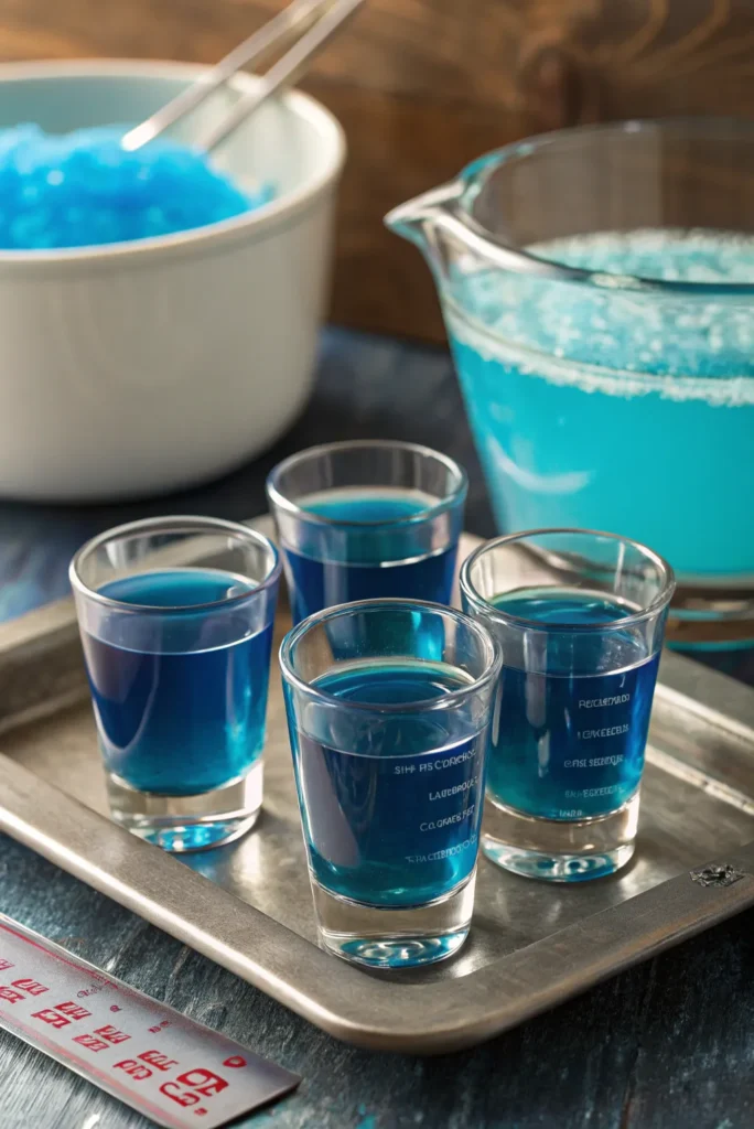 Blue Jello base layer in shot glasses on a metal tray