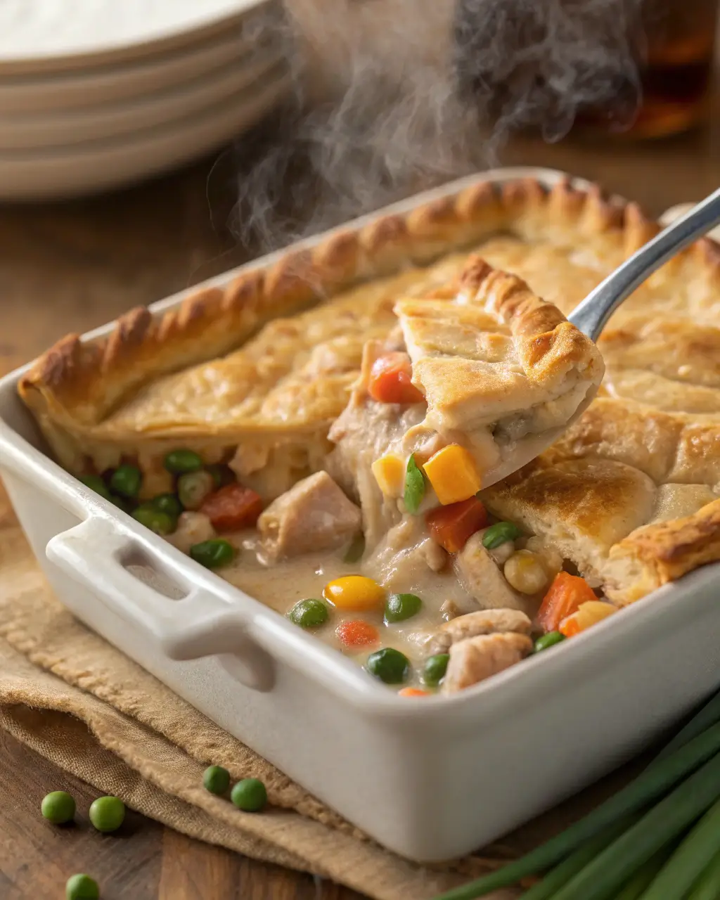 Freshly baked chicken pot pie in a white dish with creamy filling and golden crust