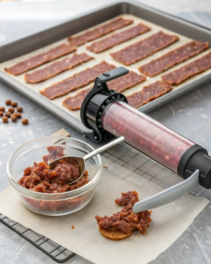 Jerky gun extruding ground venison mixture onto parchment-lined dehydrator tray