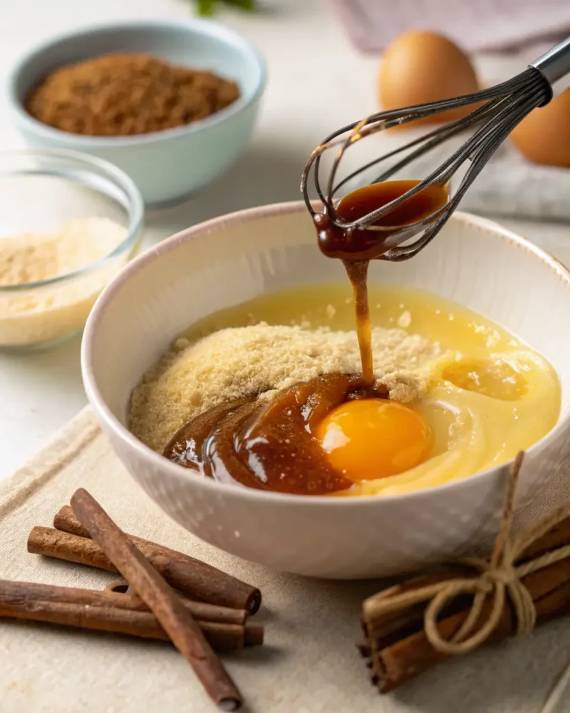 Mixing melted butter, brown sugar, egg, and vanilla for blondie batter