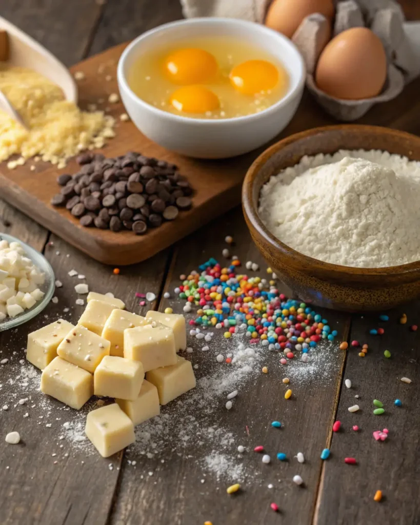 Key ingredients for funfetti blondies including eggs, white chocolate chunks, flour, chocolate chips, and colorful sprinkles on a wooden surface.