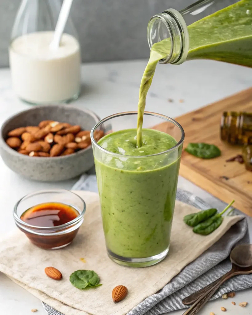 Pouring green banana matcha smoothie into a glass with almonds and maple syrup