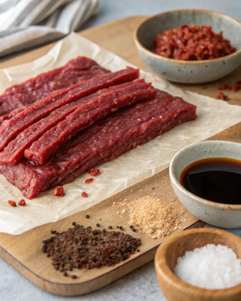 Raw ground venison jerky strips on parchment with soy sauce and seasonings on wooden board