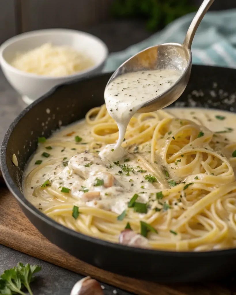 Ladling creamy Alfredo sauce over fettuccine pasta garnished with fresh herbs.