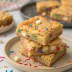 Stack of three thick, chewy funfetti blondie squares with white chocolate chips and colorful sprinkles on a beige plate.