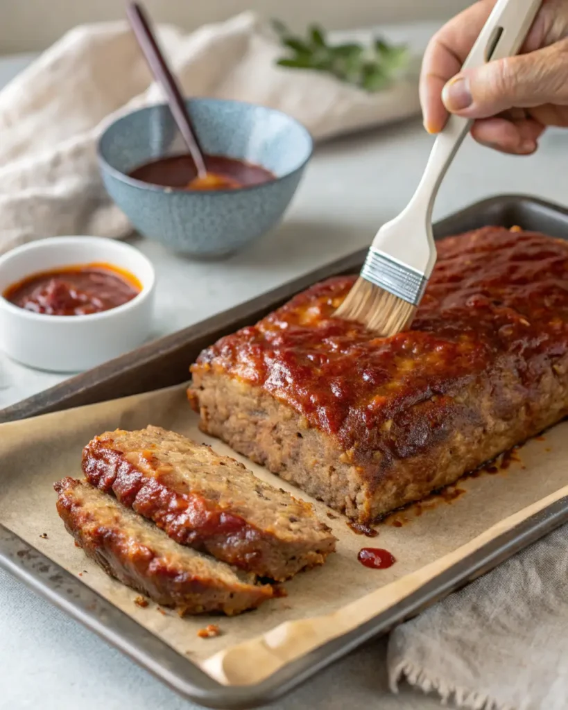 Hand brushing glaze onto freshly baked meatloaf on a parchment-lined baking sheet.