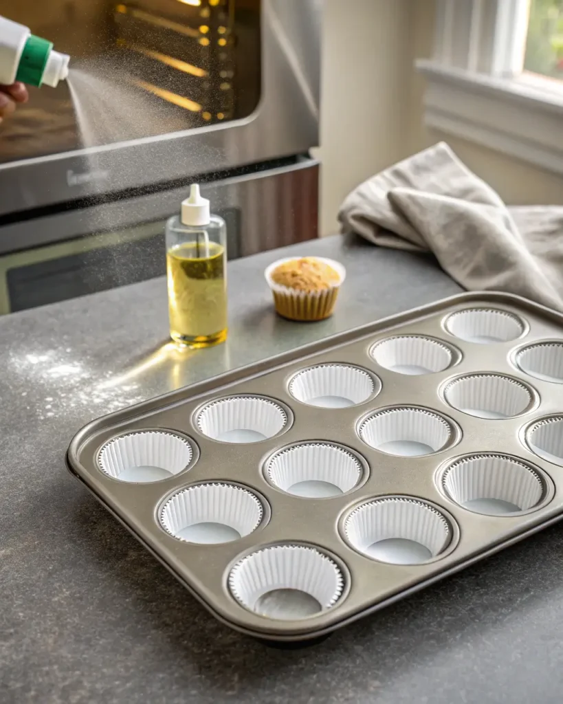 A muffin tin with liners is sprayed with oil next to an oven and a baked muffin.
