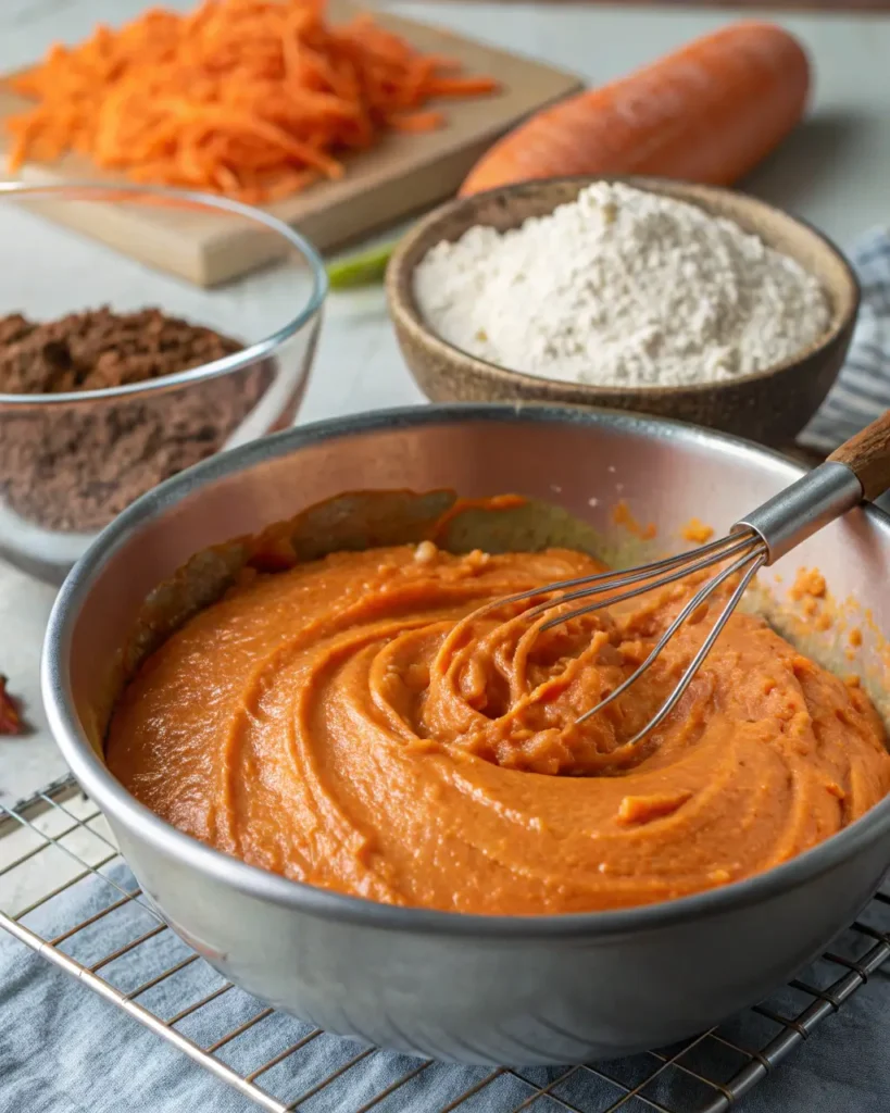 Bowl of smooth carrot cake batter with whisk, surrounded by grated carrots, flour, cocoa powder, and whole carrot