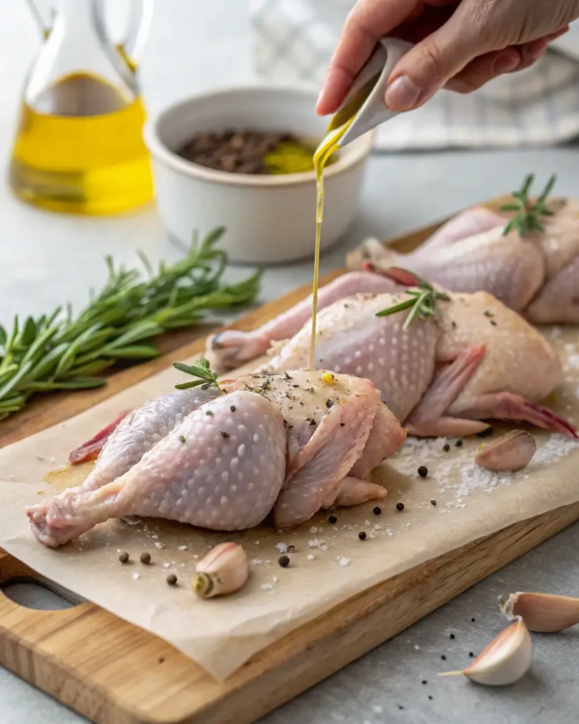 Raw quail being drizzled with olive oil and seasoned with herbs on a cutting board.