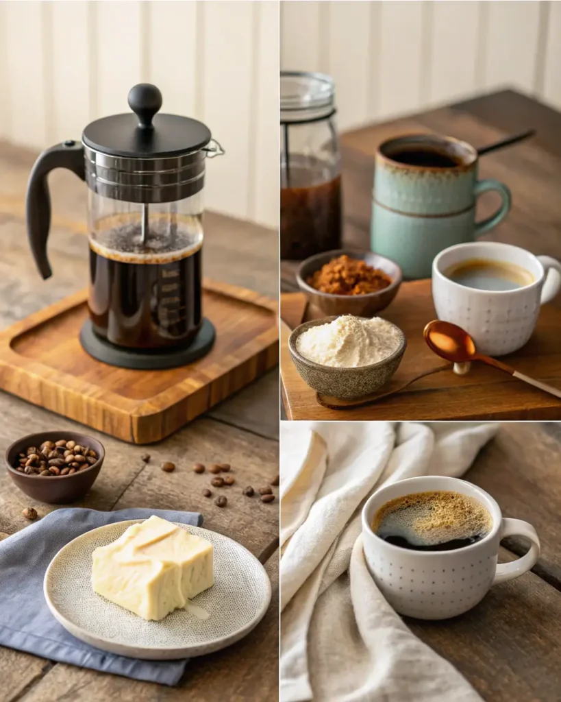 French press coffee and key ingredients like butter, powder, and brewed cups arranged on a table.