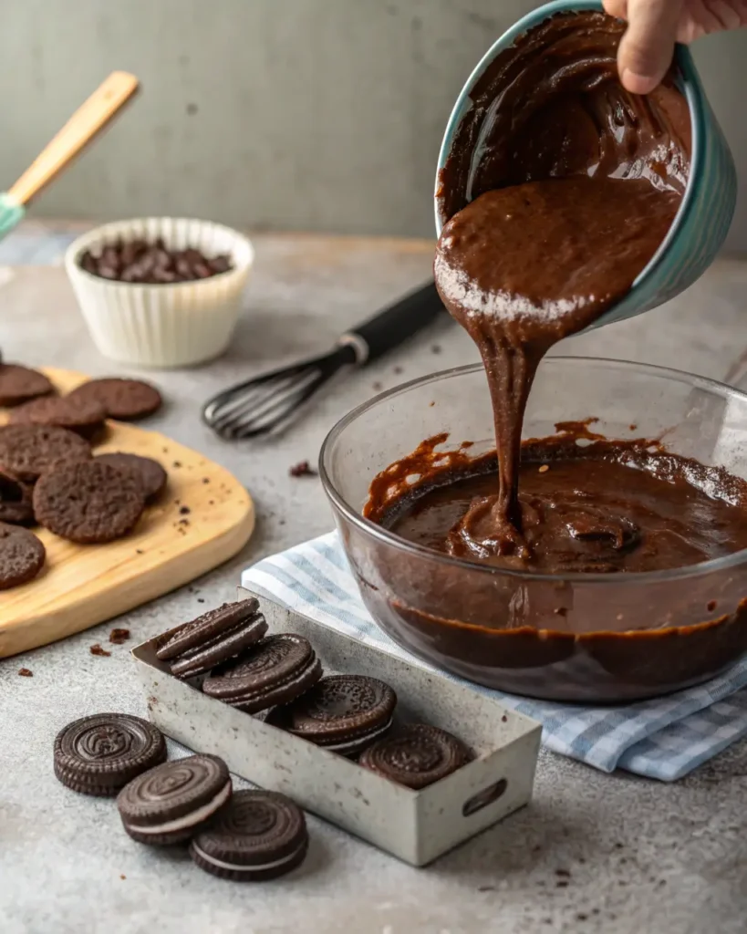 Brownie batter is being poured into a glass bowl beside Oreo cookies and baking tools.