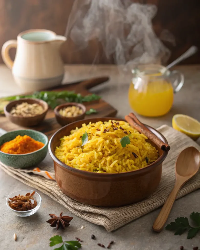 Steaming bowl of yellow basmati rice garnished with spices and herbs on a rustic table.