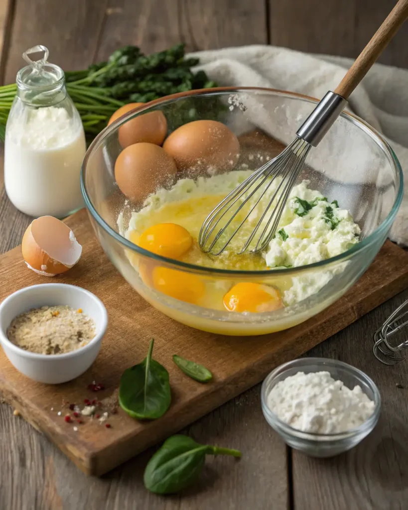 Boiled eggs, cottage cheese, and fresh vegetables arranged on a kitchen counter.