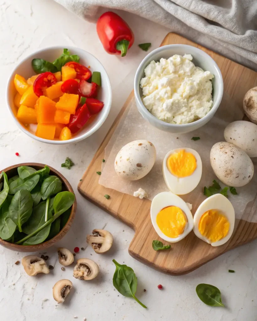 Boiled eggs, cottage cheese, and fresh vegetables arranged on a kitchen counter.