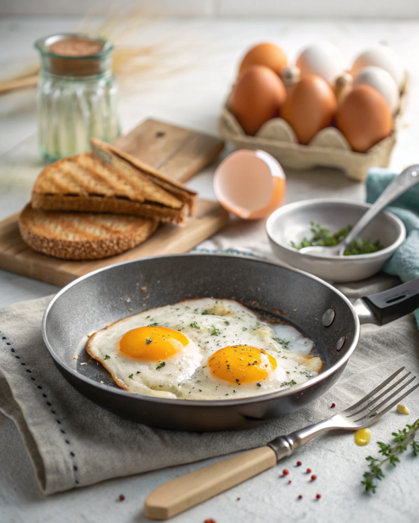 Two sunny-side up eggs cooking in a skillet with toast and eggs in the background.