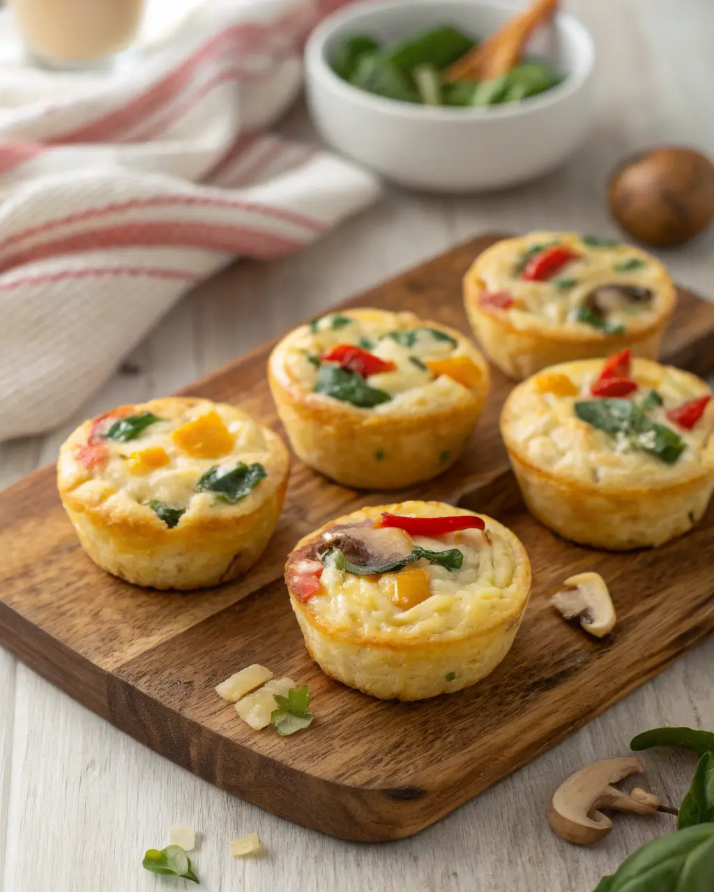 Freshly baked cottage cheese egg bites with vegetables on a wooden serving board.