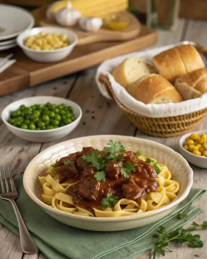 Alt Text:
Plate of tagliatelle noodles topped with beef in red sauce, garnished with parsley.