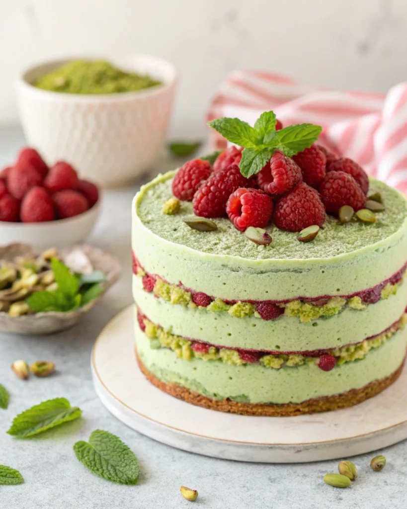 Pistachio raspberry cake with layers of green sponge, fresh raspberries, and mint garnish