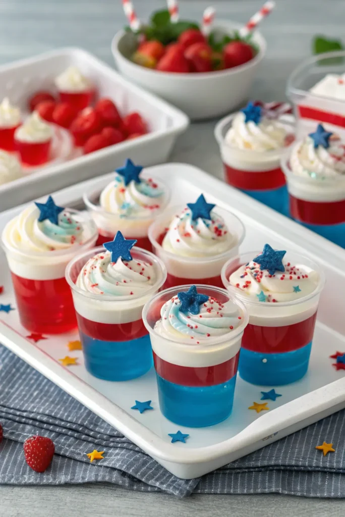 Red White and Blue Jello Shotswhipped cream and fruit stars