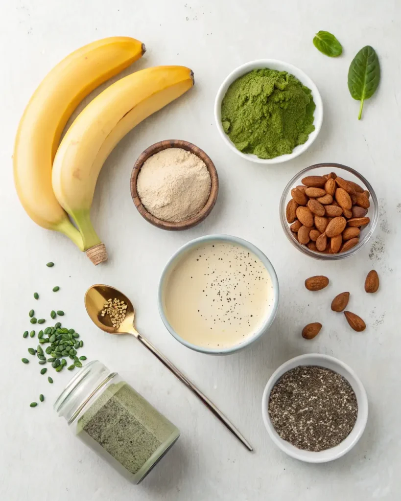 Banana matcha smoothie ingredients including bananas, matcha, almonds, and chia seeds