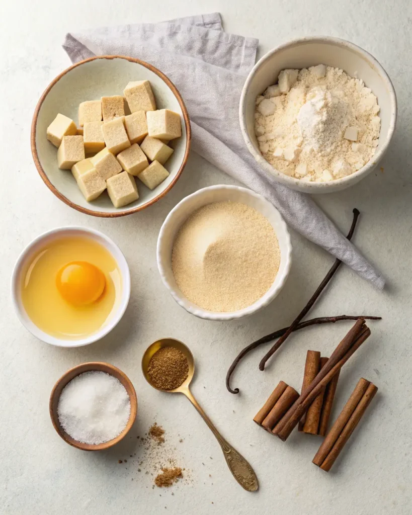Ingredients for chewy blondies with cinnamon sugar topping laid out flat