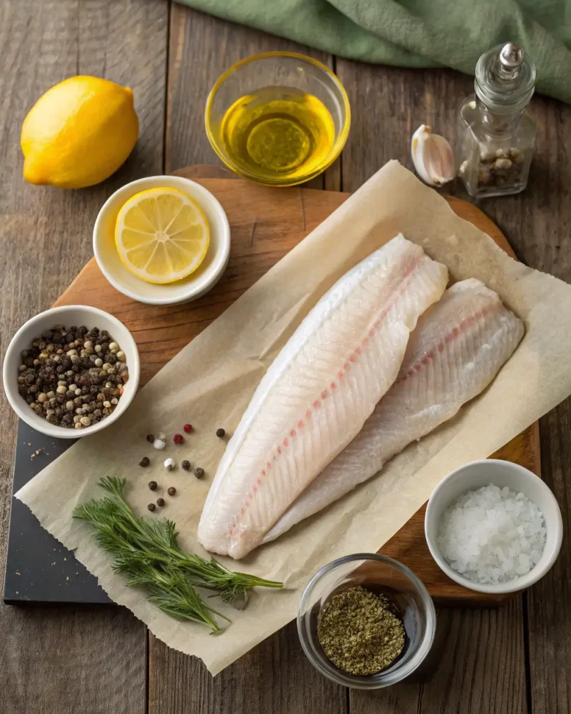 Raw branzino fillets on parchment paper surrounded by fresh herbs, lemon, oil, and spices.