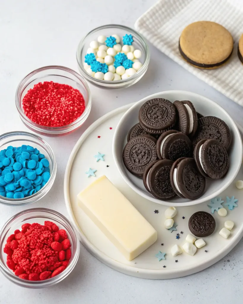 Red, white, and blue Oreo ball ingredients including Oreos, candy melts, and sprinkles.