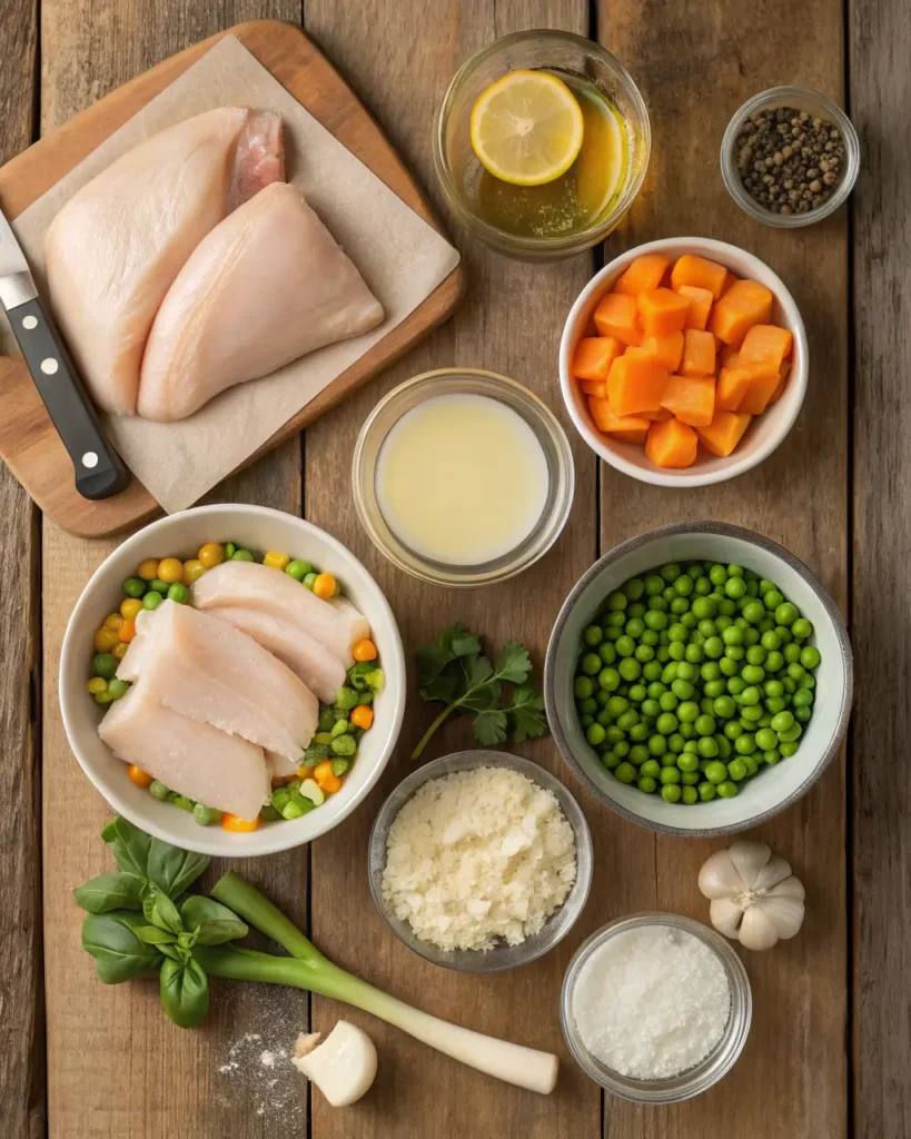 Fresh chicken breasts and vegetables prepped for chicken pot pie recipe