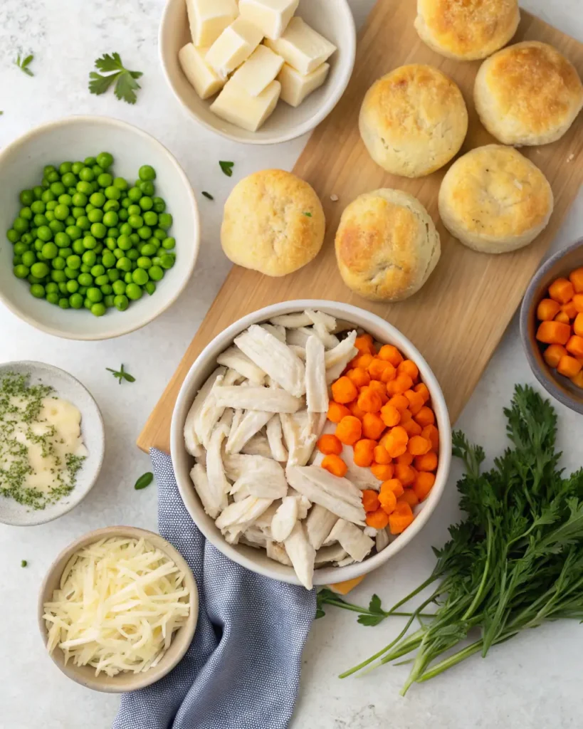 Biscuit-topped chicken pot pie with creamy filling and veggies