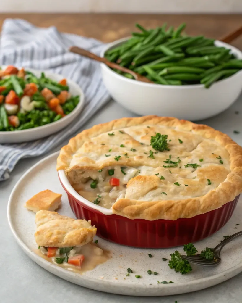 Chicken pot pie casserole topped with golden biscuits and creamy filling