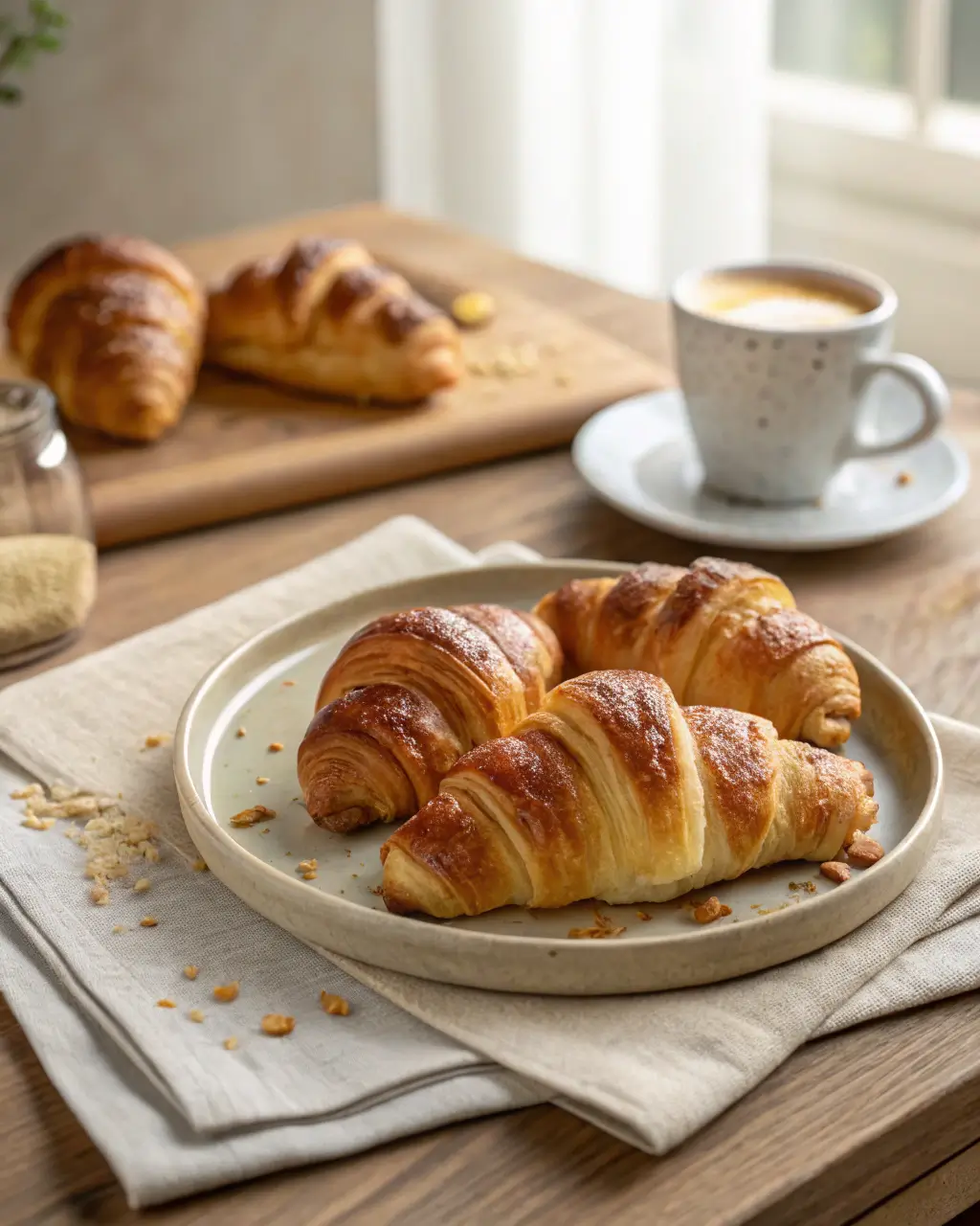 Freshly baked Gipfeli served on a plate beside a cup of coffee in natural light.