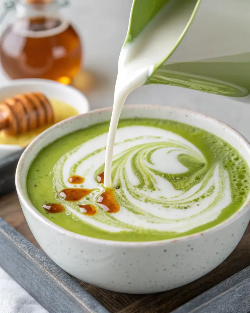 Creamy milk being poured into matcha green tea latte with honey drops in bowl