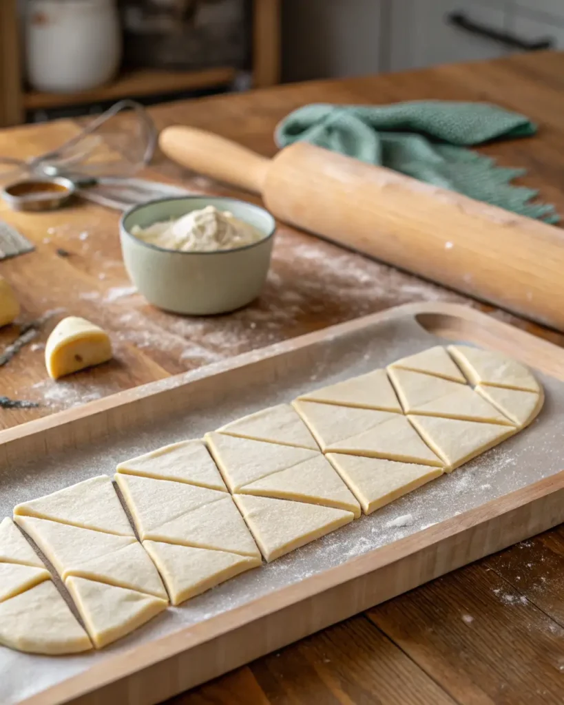 Triangle-cut Gipfeli dough arranged on a floured tray, ready for shaping.